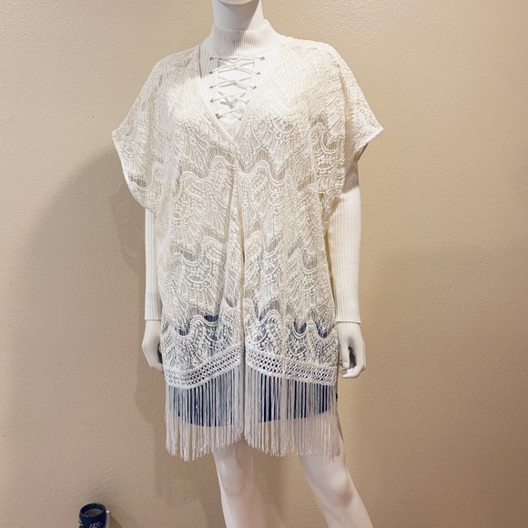 Victorias Secret Ivory Cream Lace Kimono Cover Up Womens Medium Large Fringe - Picture 13 of 16